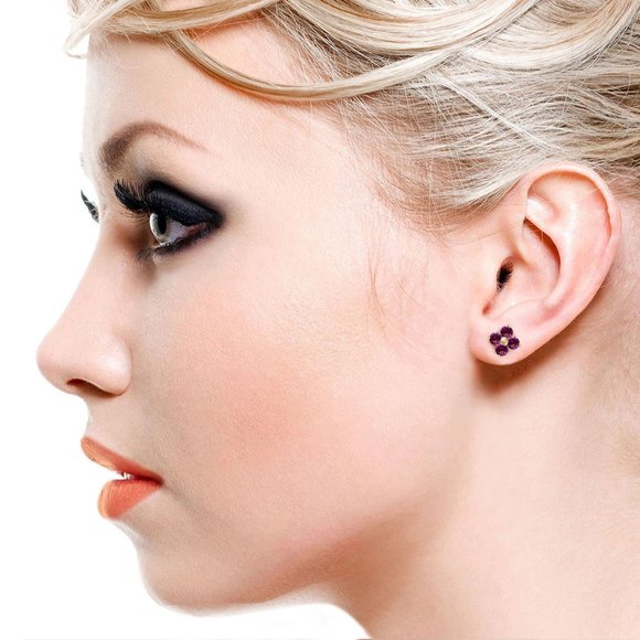 14K SOLID GOLD STUD EARRINGS WITH NATURAL AMETHYST - Picture 3 of 5